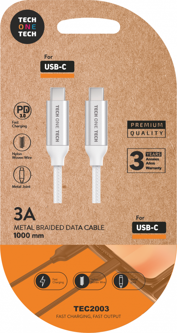 CABLE T1T PD 3.0 USB-C-USB-C 1M 3A BLANCO